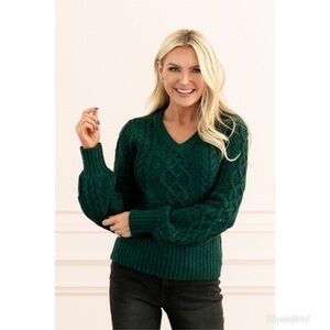 RP Sequin Cable Knit Puff Sleeve Sweater Green XS